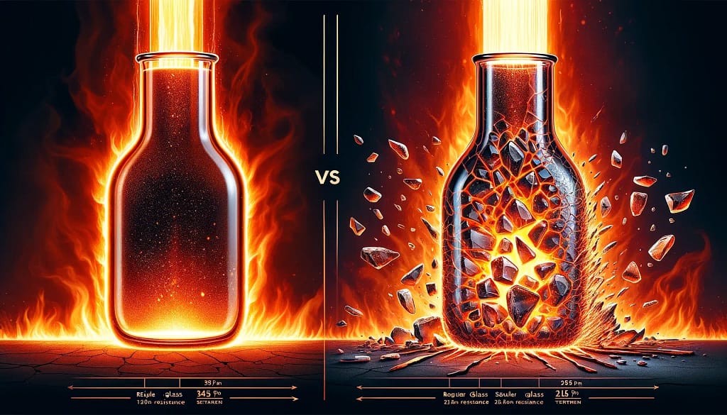 A comparison image illustrating the resistance of borosilicate glass versus regular glass under extreme temperatures